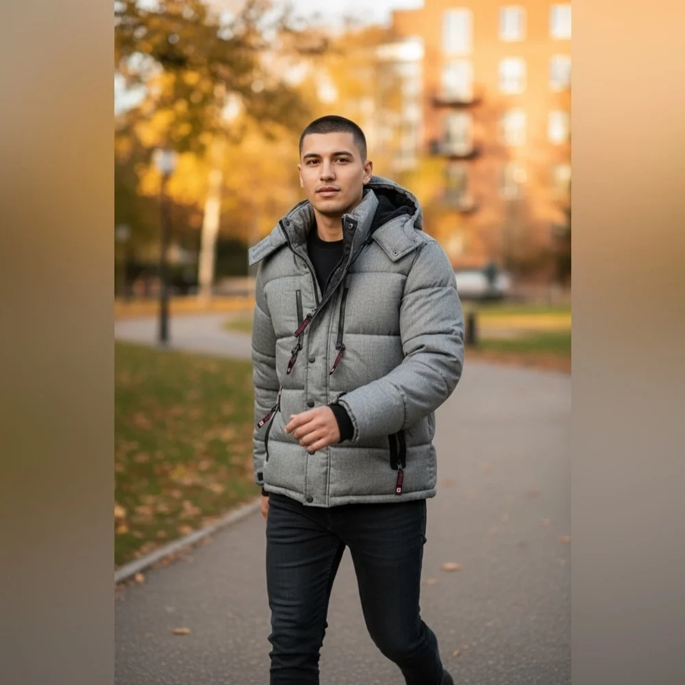 Canada Weather Gear heavyweight puffer‎ jacket in gray heather with black trim.